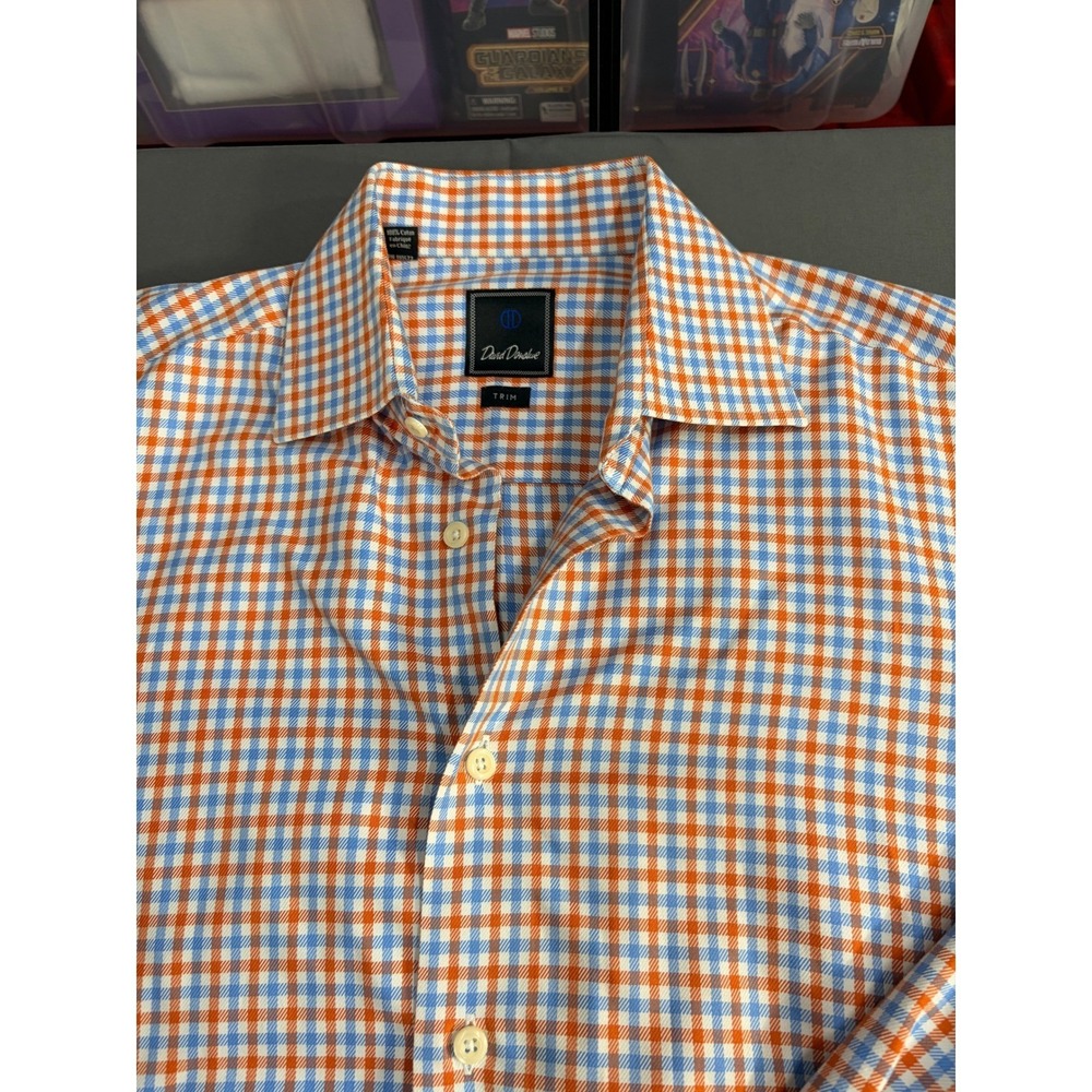 David Donahue Mens Trim Fit Dress Shirt 16 32/33 Orange Blue Gingham Cotton
